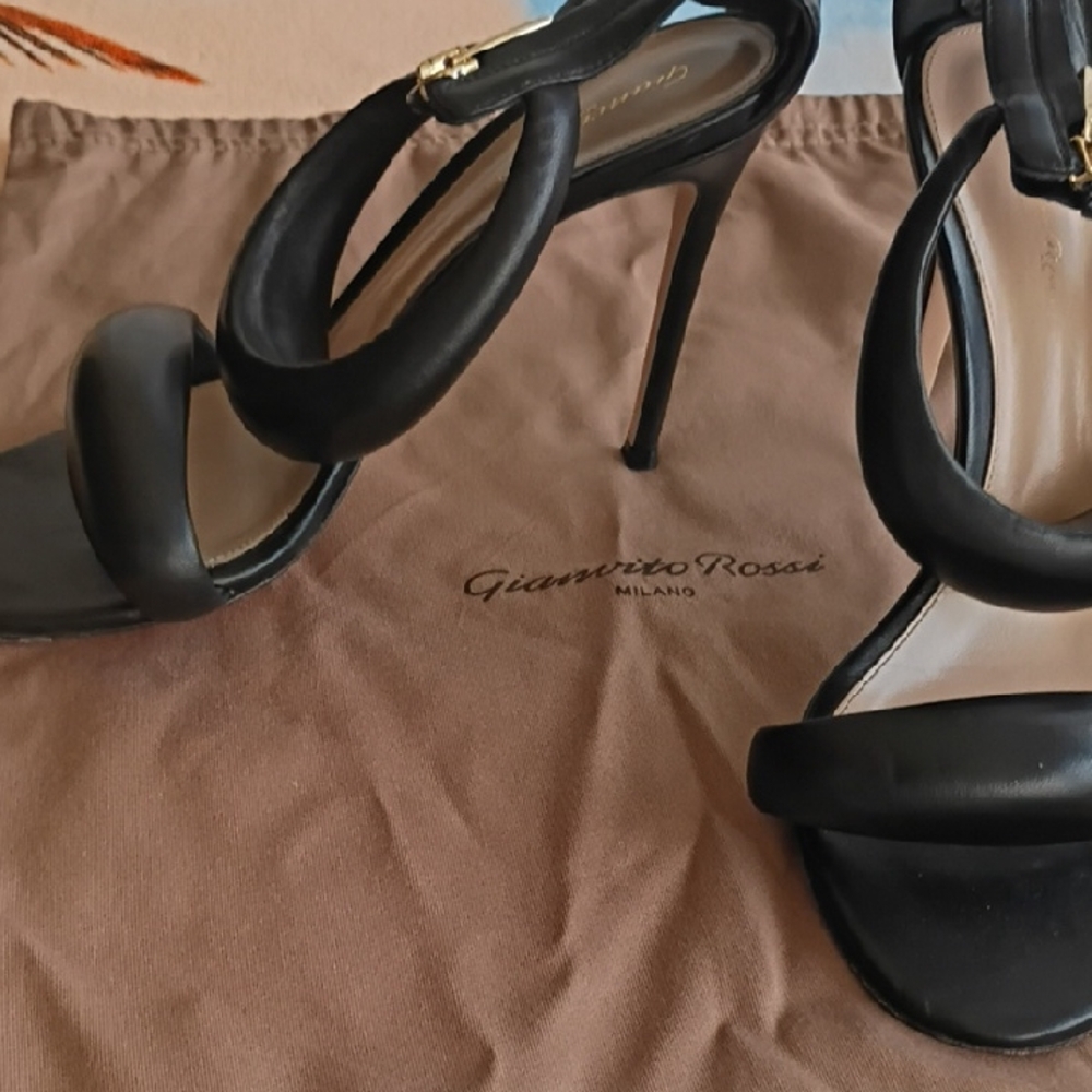 Gianvito Rossi Black Twisted-Strap Stiletto Sandals with Gold Buckle